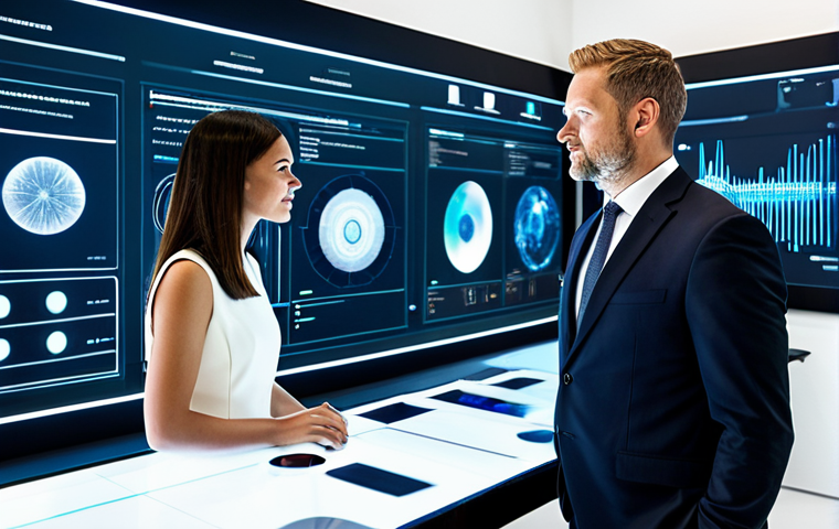 A diverse team of four professional adults, fully clothed in modern, modest business attire, collaborating intently around a holographic display in a high-tech innovation lab. One individual points at a projection, another inputs data on a sleek console, while the others observe with focused expressions. The setting is bright, clean, and futuristic. The atmosphere is highly collaborative and efficient, showcasing synergy of talents. Perfect anatomy, correct proportions, natural pose, well-formed hands, proper finger count, natural body proportions, safe for work, appropriate content, fully clothed, professional, high quality professional photography.