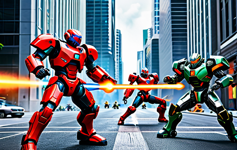 **

"Mini Force team in action, fully clothed in high-tech, colorful armor, dynamic poses, battling robotic enemies in a futuristic cityscape, energy shields deflecting laser blasts, safe for work, appropriate content, perfect anatomy, natural proportions, professional illustration, high quality, family-friendly."

**