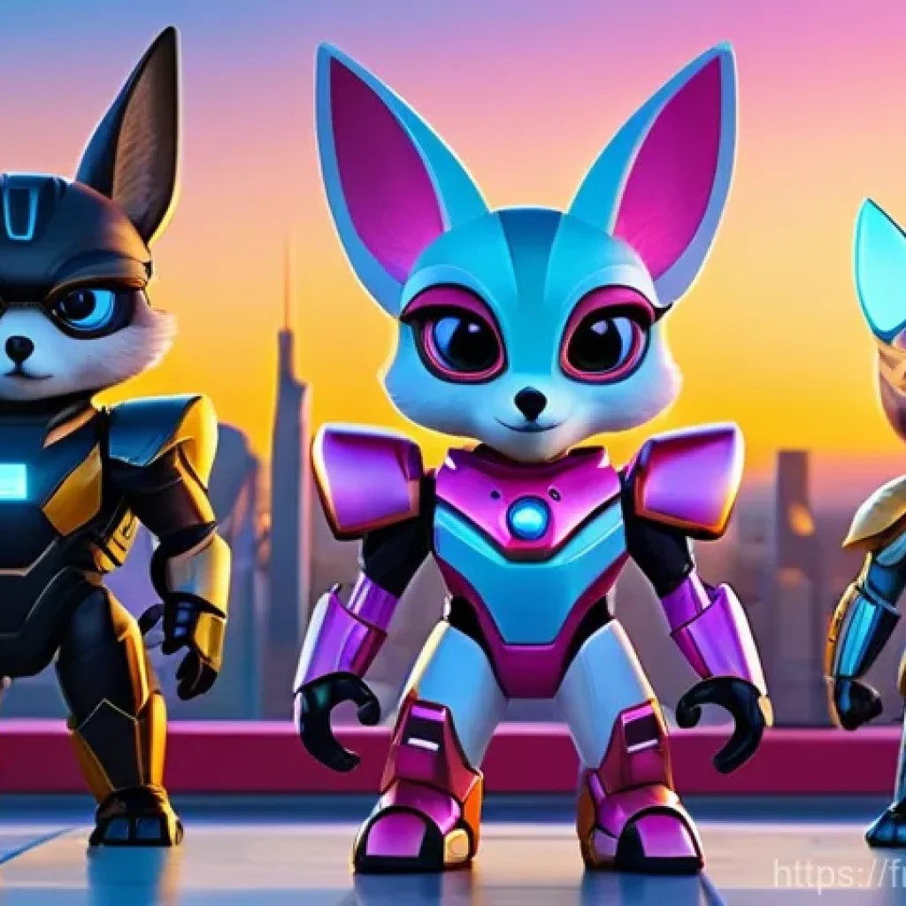 미니특공대 유튜브 시청 트렌드 - **Prompt:** A dynamic, wide-angle shot of the Miniforce team (Volt, Max, Sammy, and Lucy) in their f...