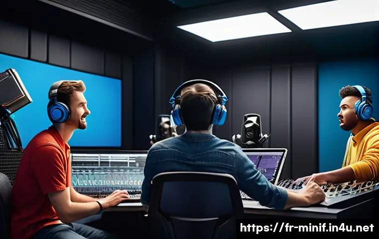 미니특공대 애니메이션 더빙 배우 정보 - A vibrant animation studio scene showing a diverse group of professional voice actors recording in a...