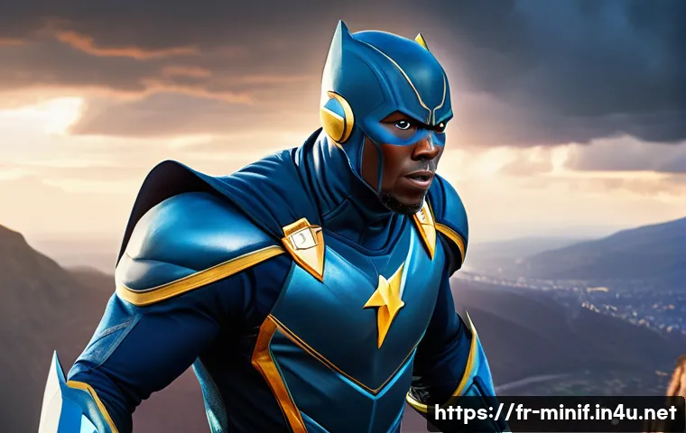 미니특공대 볼트의 용감한 선택 순간 - A young animated hero named Bolt standing bravely on a rocky cliff edge at twilight, his face showin...